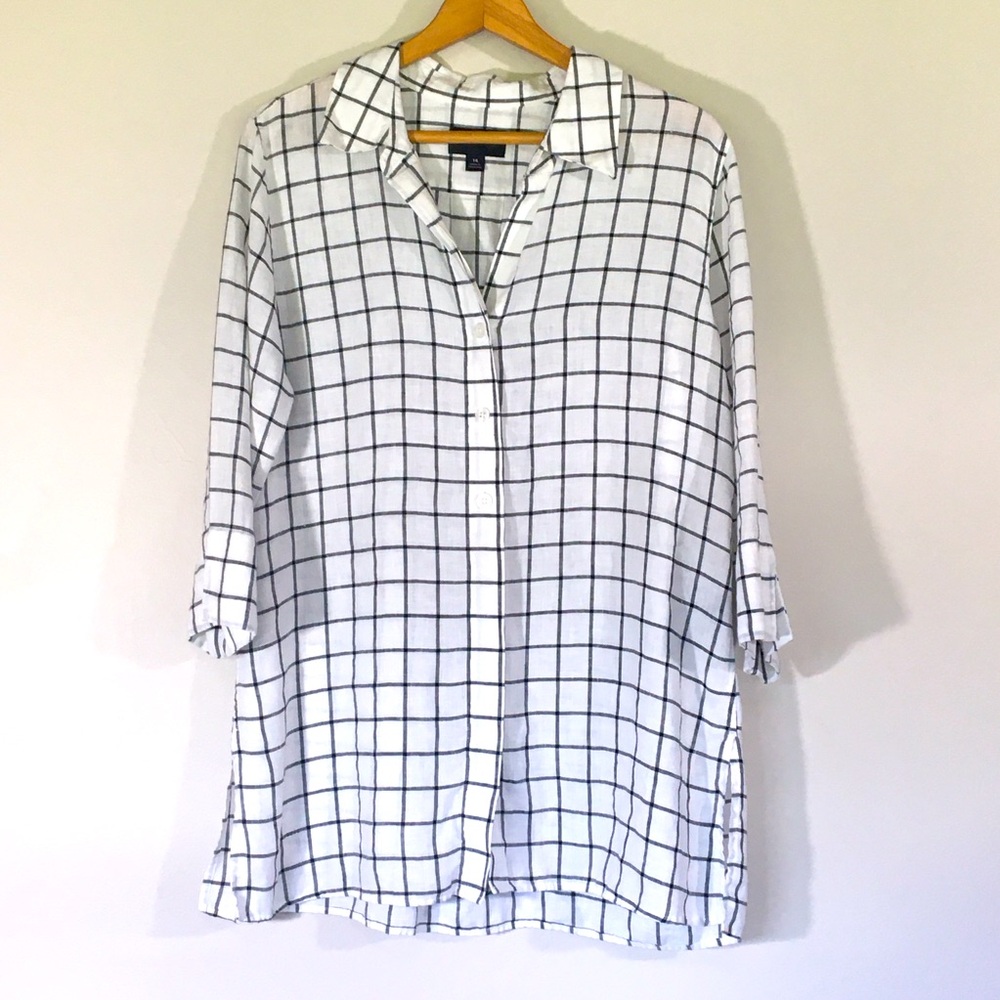 Woven‎ Windowpane Linen Button Down Tunic Top
